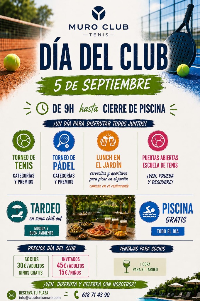 Cartel Día del Club — 5 de septiembre. Torneos de tenis y pádel, comida, tardeo y piscina gratuita.